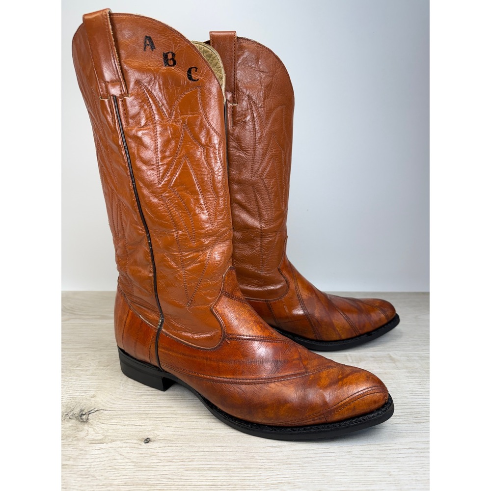 Vintage Orange Eel Skin Cowboy Boots Mens 10 Western Pointed 14in Tall